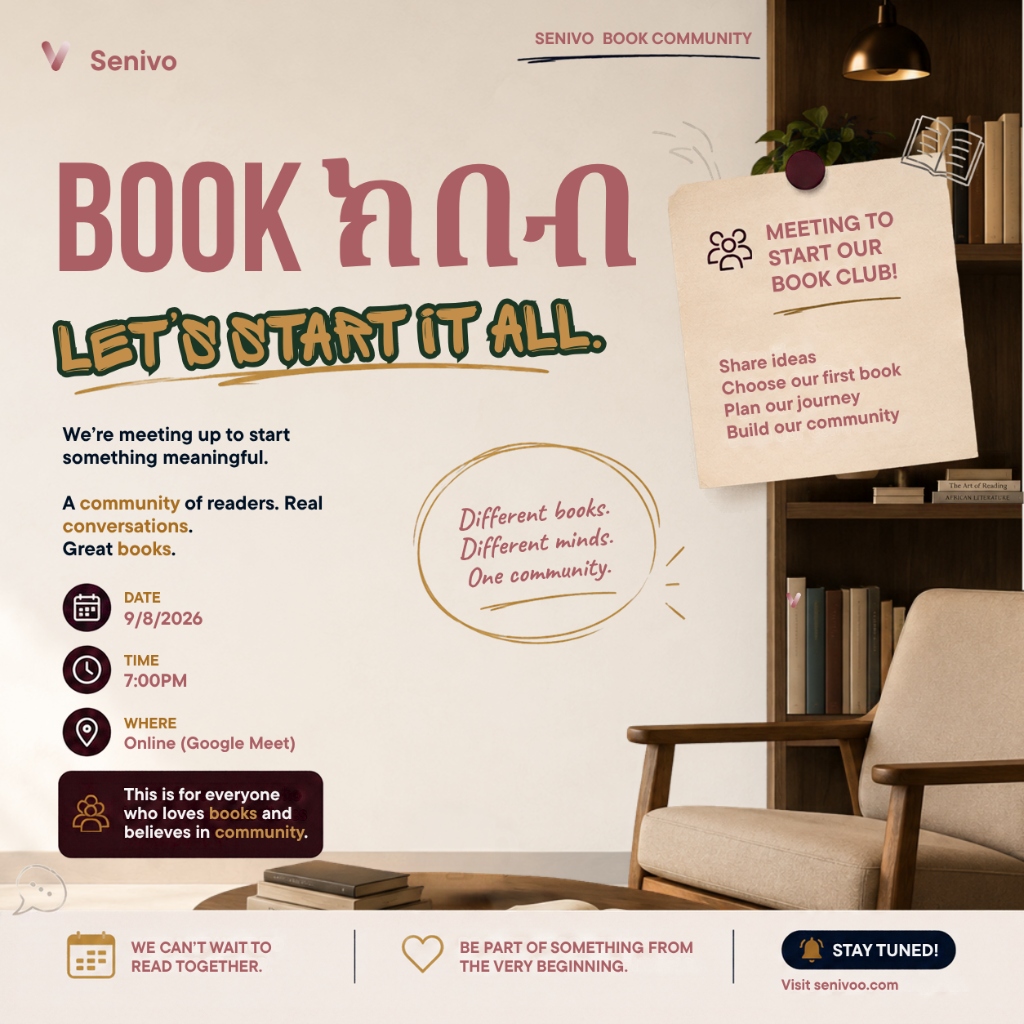 Senivo Book Community - Book ክበብ Official Kickoff Meeting Poster