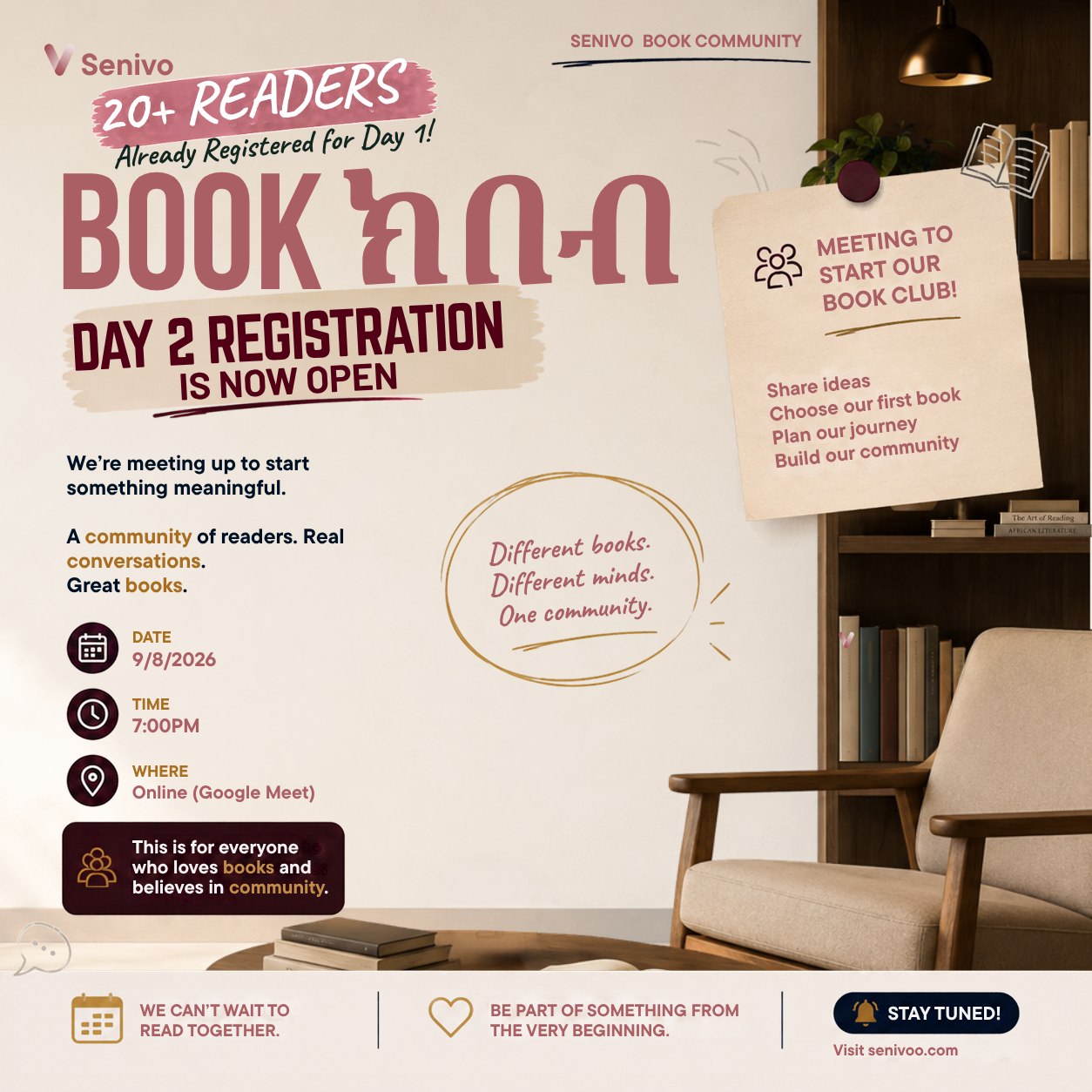 Senivo Book Community - Book ክበብ Official Kickoff Meeting Poster